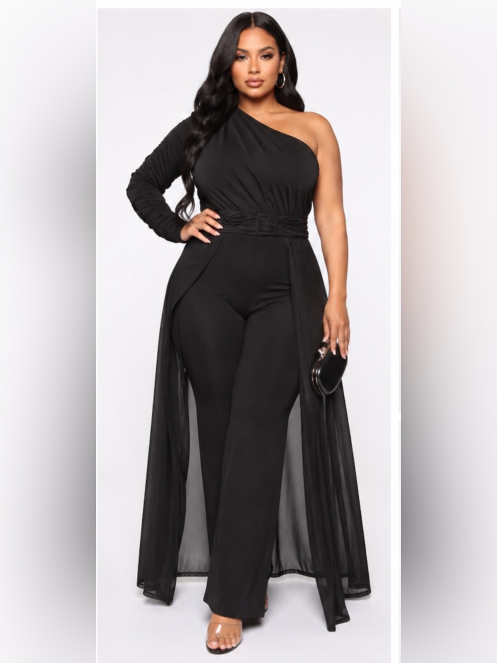 Fashion Nova Black One-Shoulder Jumpsuit with Sheer Draped Skirt